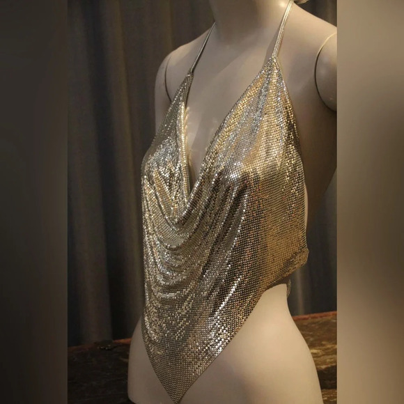 1970s Whiting and Davis Silver Metal Mesh and Leather  Drape Halter Top - Picture 1 of 5
